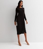 New Look Black Glitter Ruched Front Long Sleeve Midi Dress